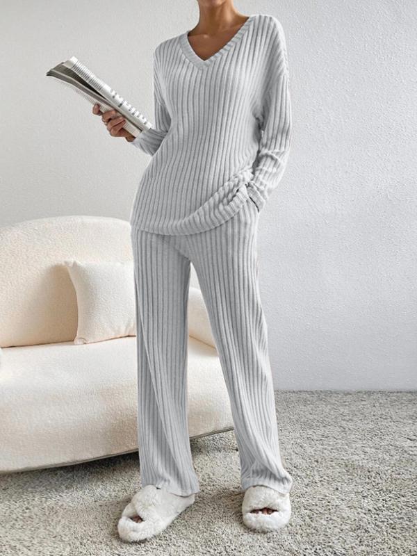 SUMMER™ - Casual V-Neck Long Sleeve Top & Straight Leg Lounge Pants Set