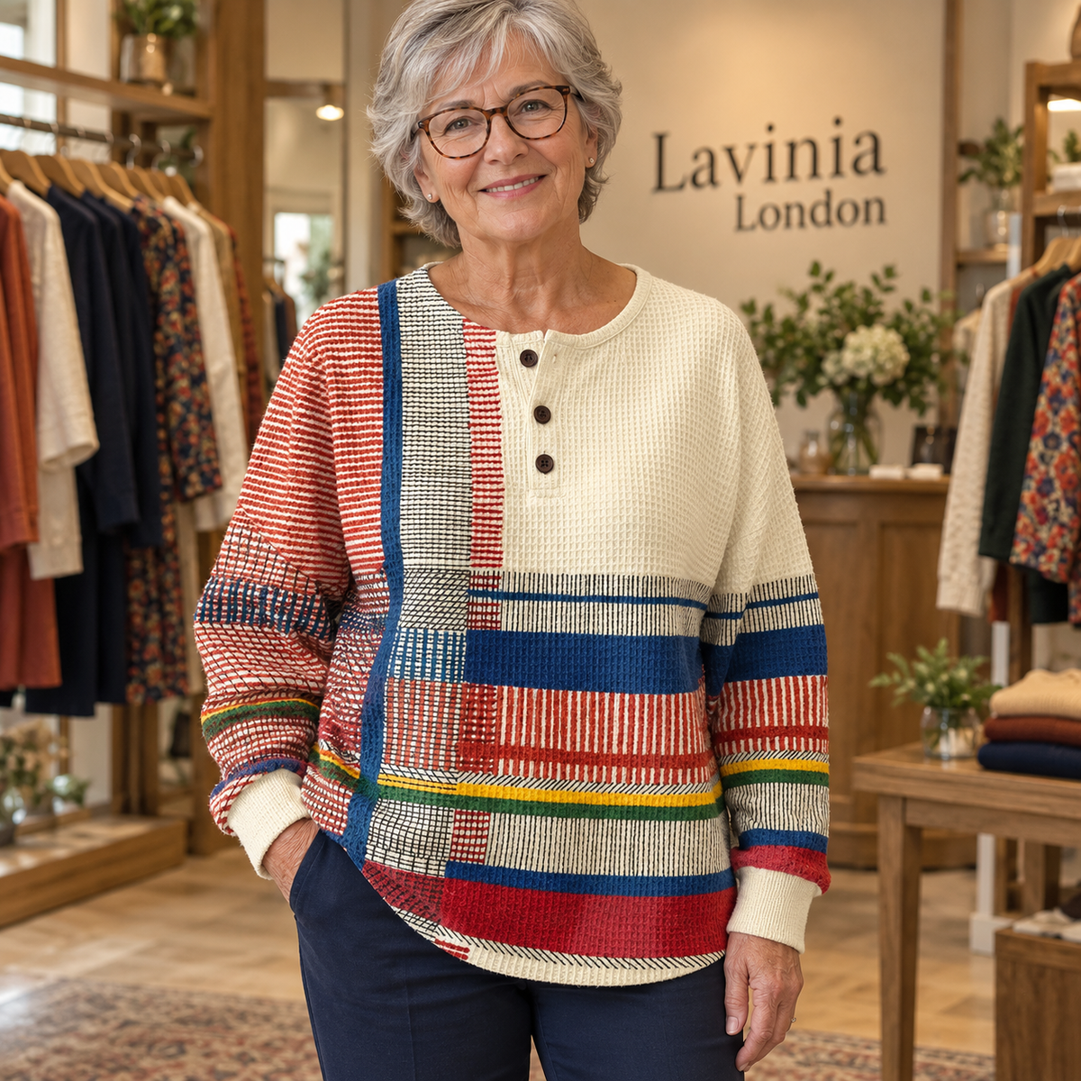 Women's knit button-front crew neck jumper with waffle