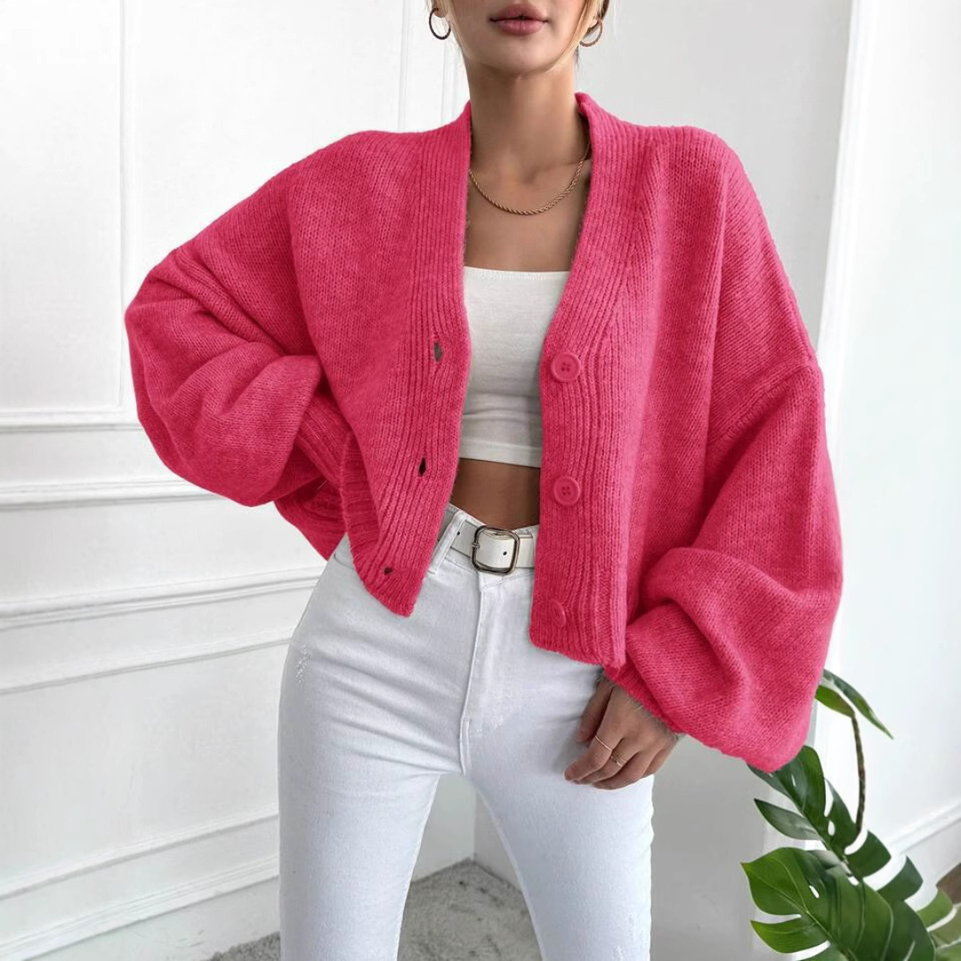 QONY™ - Casual Crop Lantern Sleeve Cardigan