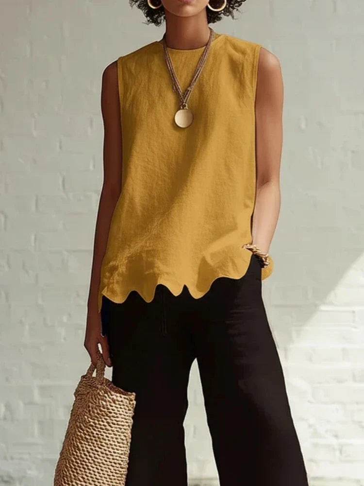 Relaxed Linen Sleeveless Top with Scallop Hem and Round Neck