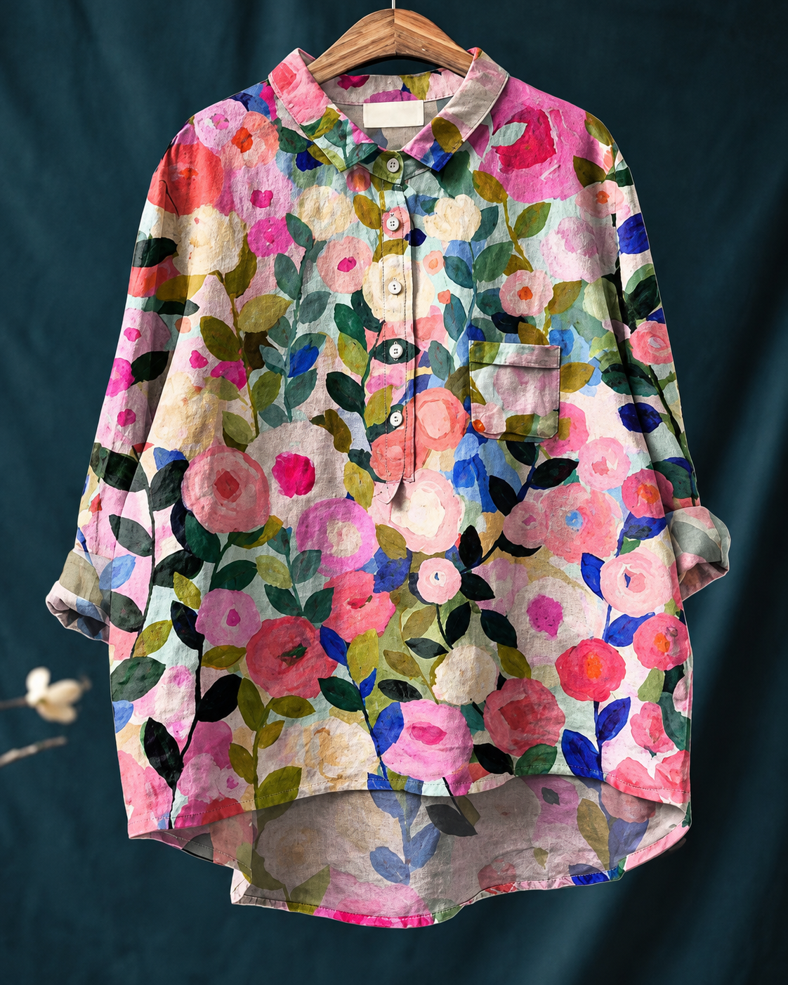 Relaxed Floral Print Linen Shirt with Long Sleeves and Chest Pocket