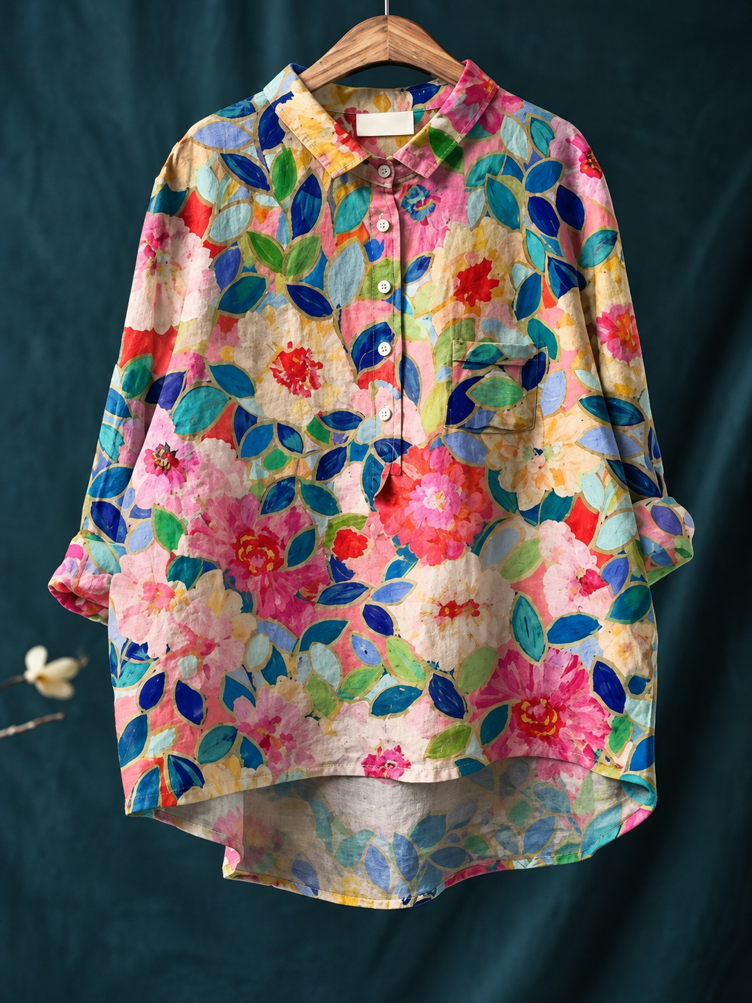 Relaxed Floral Print Linen Shirt with Long Sleeves and Chest Pocket