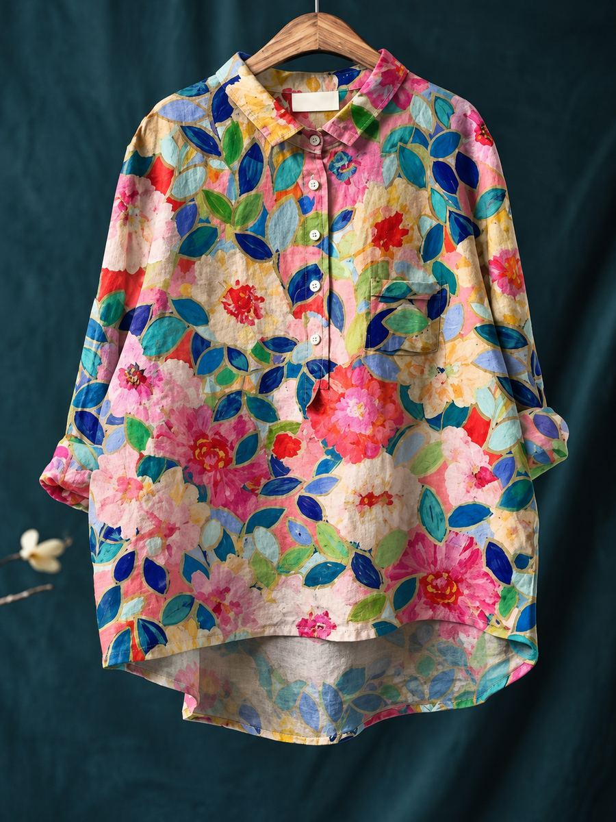 Relaxed Floral Print Linen Shirt with Long Sleeves and Chest Pocket