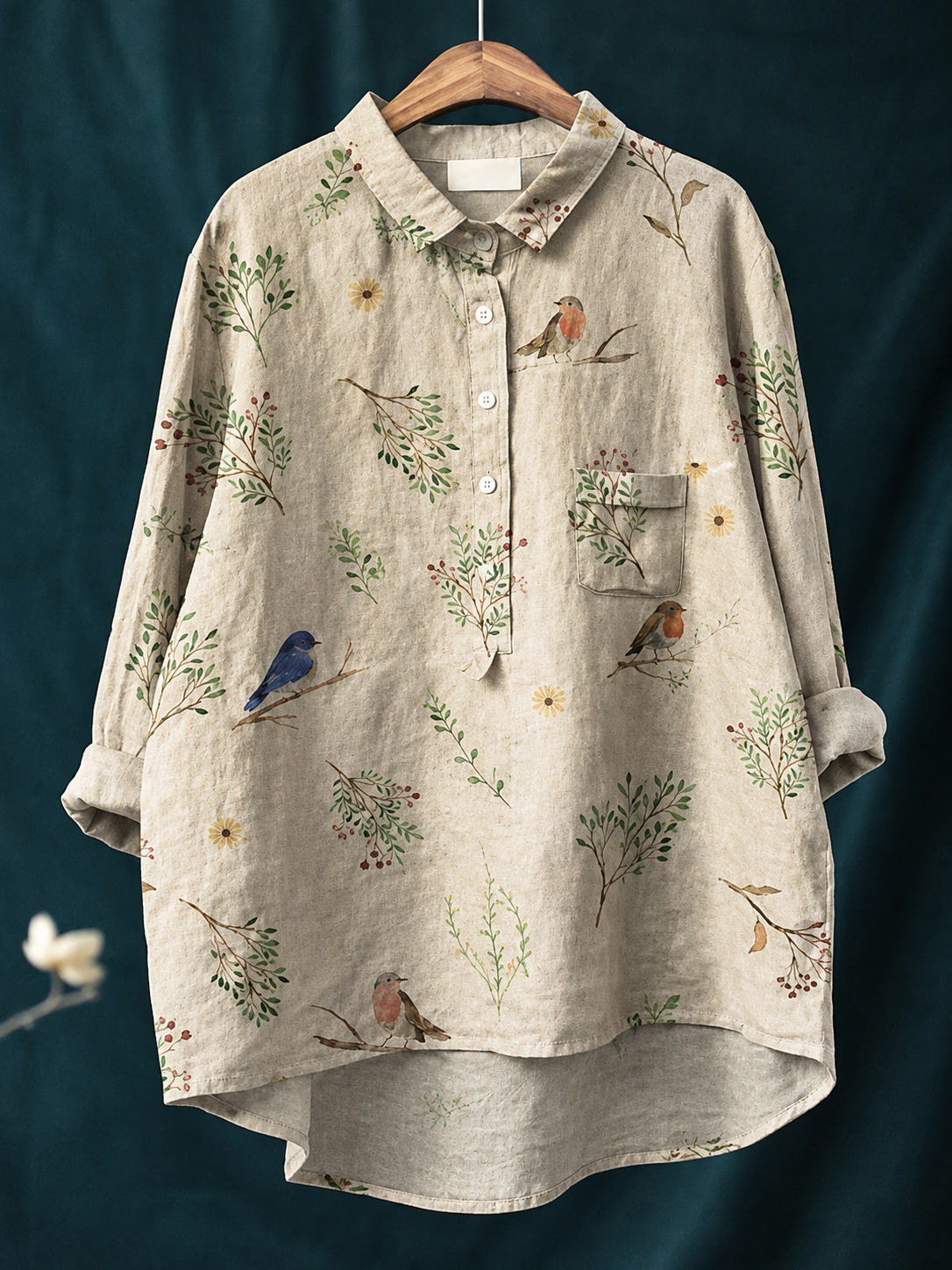 Relaxed Floral Print Linen Shirt with Long Sleeves and Chest Pocket