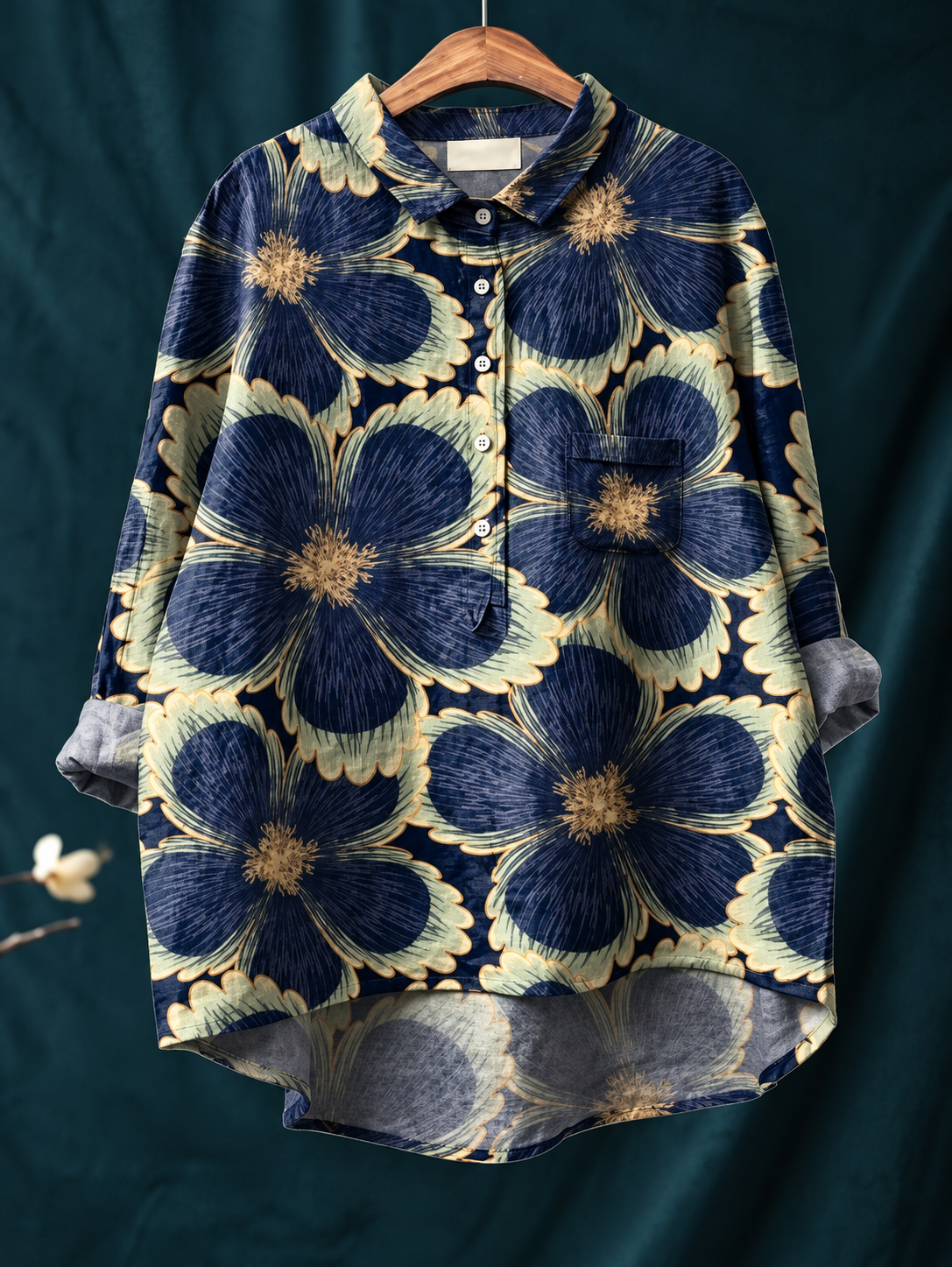 Relaxed Floral Print Linen Shirt with Long Sleeves and Chest Pocket