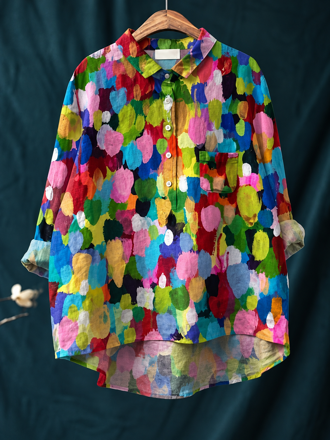 Relaxed Floral Print Linen Shirt with Long Sleeves and Chest Pocket