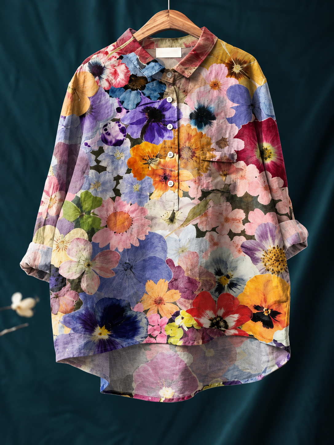 Relaxed Floral Print Linen Shirt with Long Sleeves and Chest Pocket