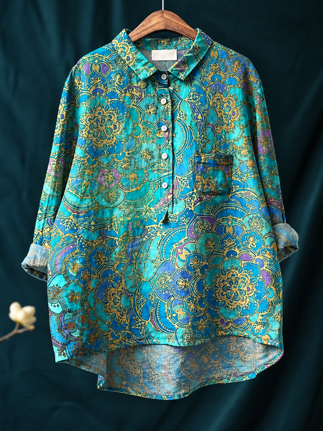 Relaxed Floral Print Linen Shirt with Long Sleeves and Chest Pocket