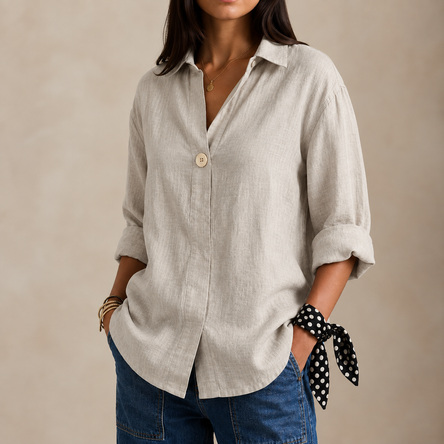 Relaxed Linen Blouse with V-Neckline and Single Button