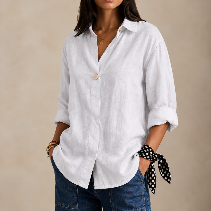 Relaxed Linen Blouse with V-Neckline and Single Button