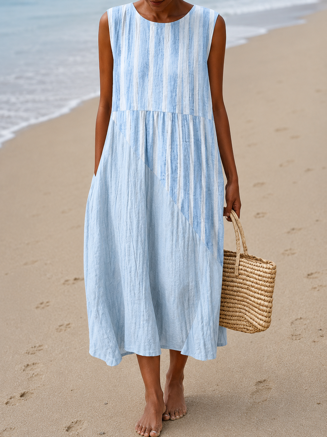 Sleeveless Midi Dress with Round Neck and Relaxed Fit