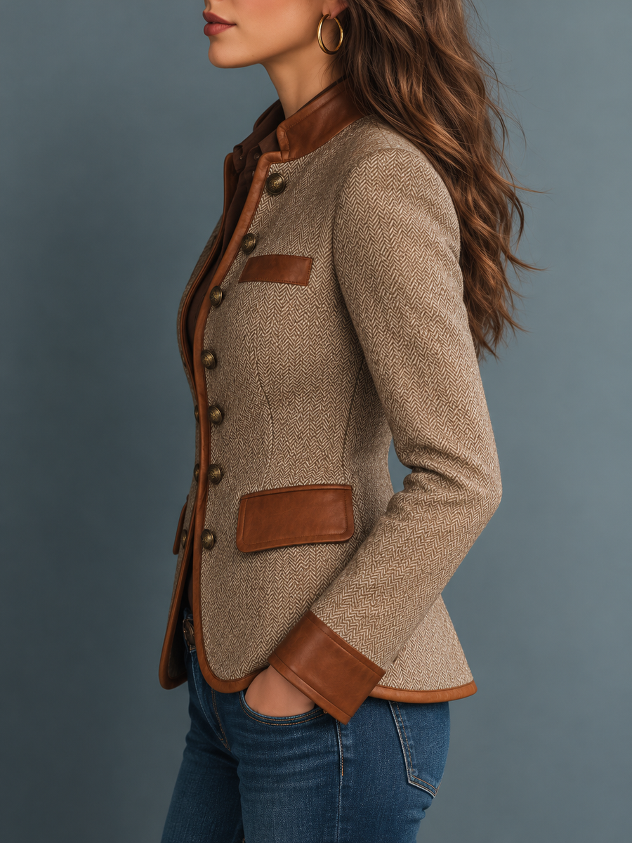 Jill | Classic Herringbone Tweed Jacket with Leather Trim