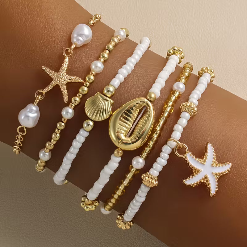 CORALIA | COASTAL GOLD & PEARL BRACELET SET OF 6