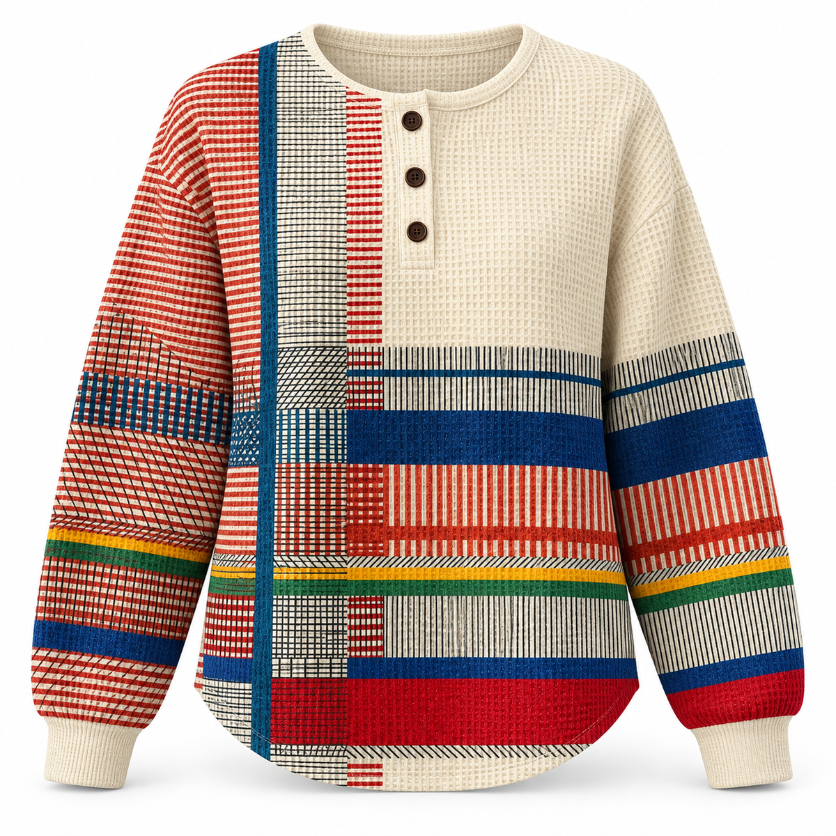 Women's knit button-front crew neck jumper with waffle