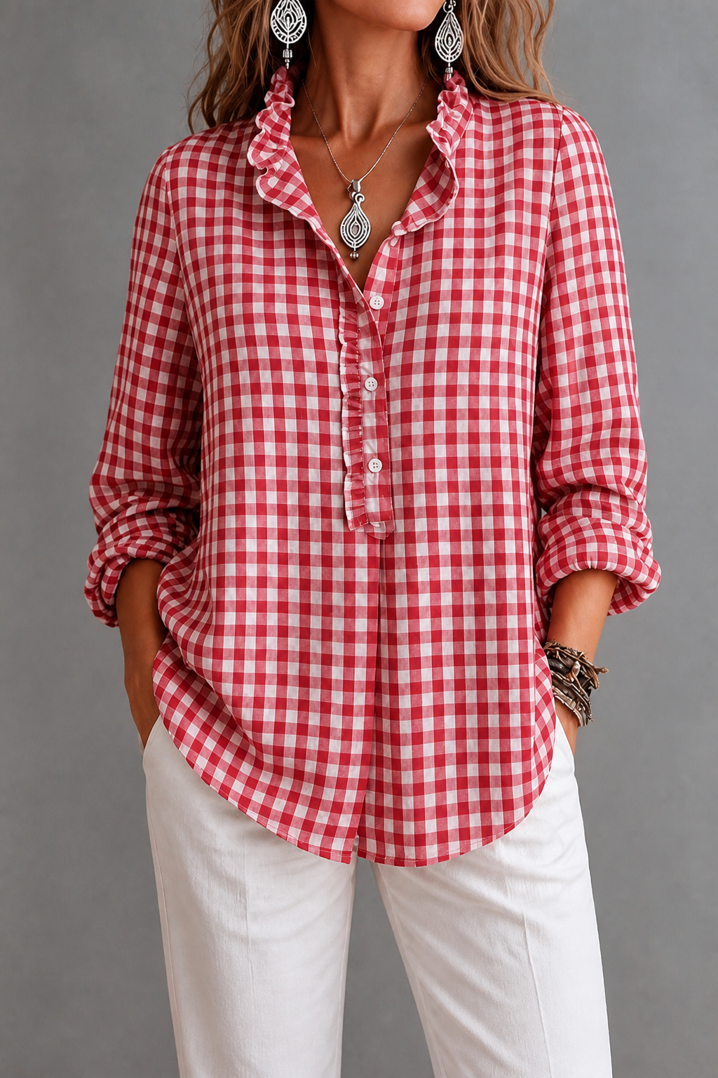 Hattie Checked Ruffle Collar Blouse