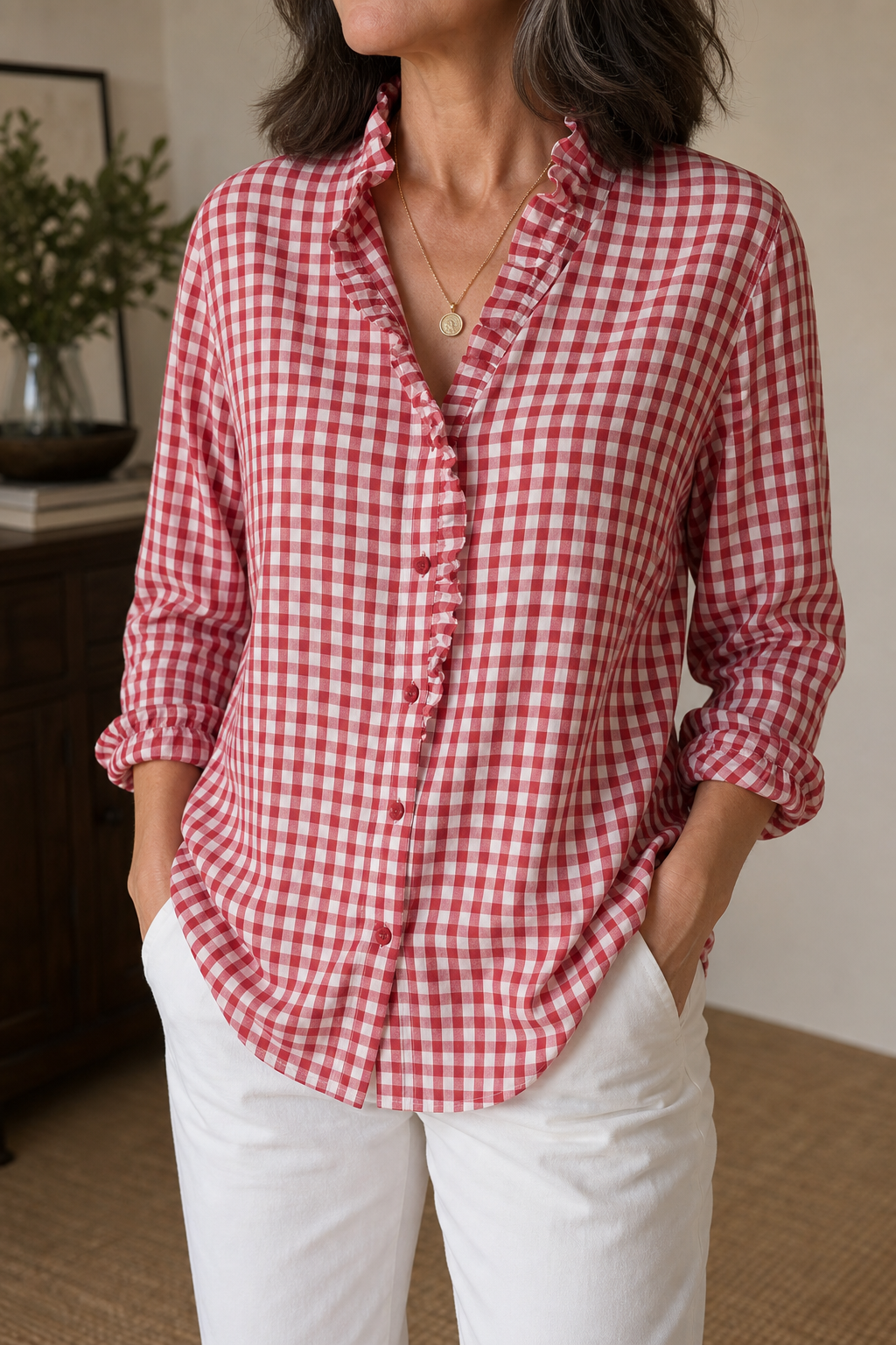 Hattie Checked Ruffle Collar Blouse