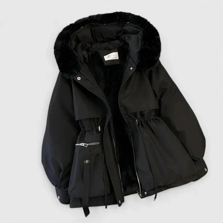 Women's zip-up faux fur hood parka with trim