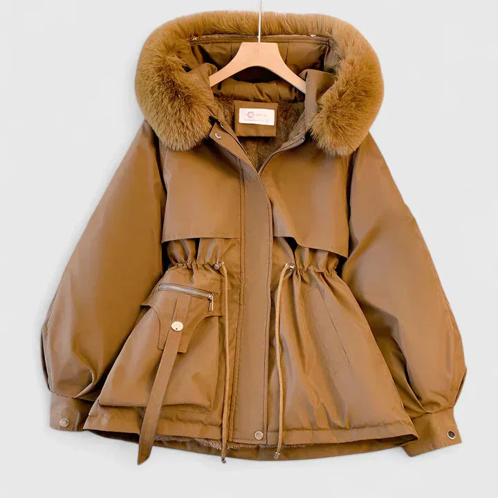 Women's zip-up faux fur hood parka with trim