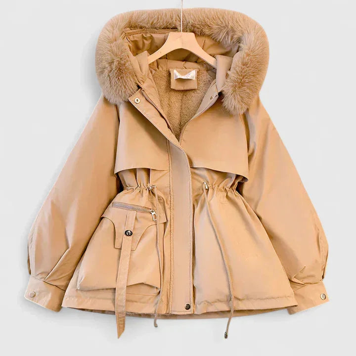 Women's zip-up faux fur hood parka with trim