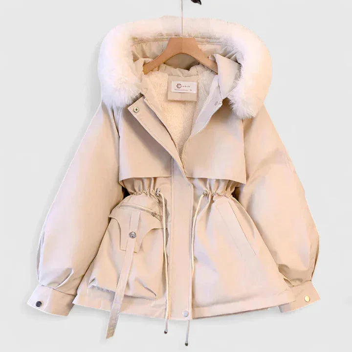 Women's zip-up faux fur hood parka with trim