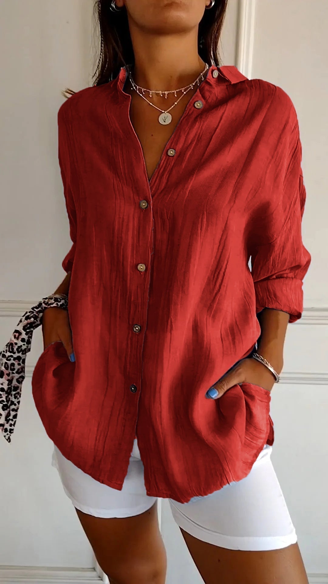 Poppy Crinkle Button-Up Shirt