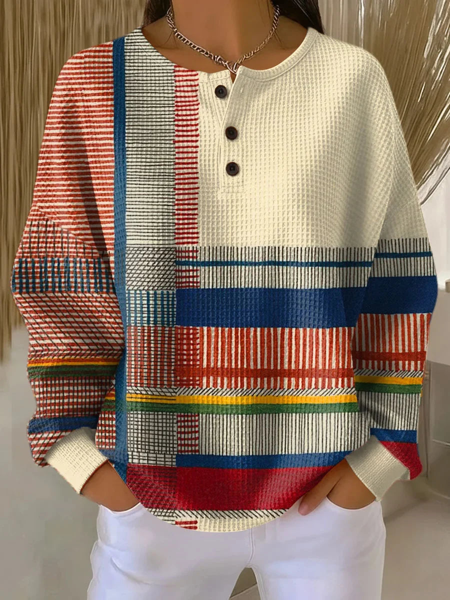Women's knit button-front crew neck jumper with waffle