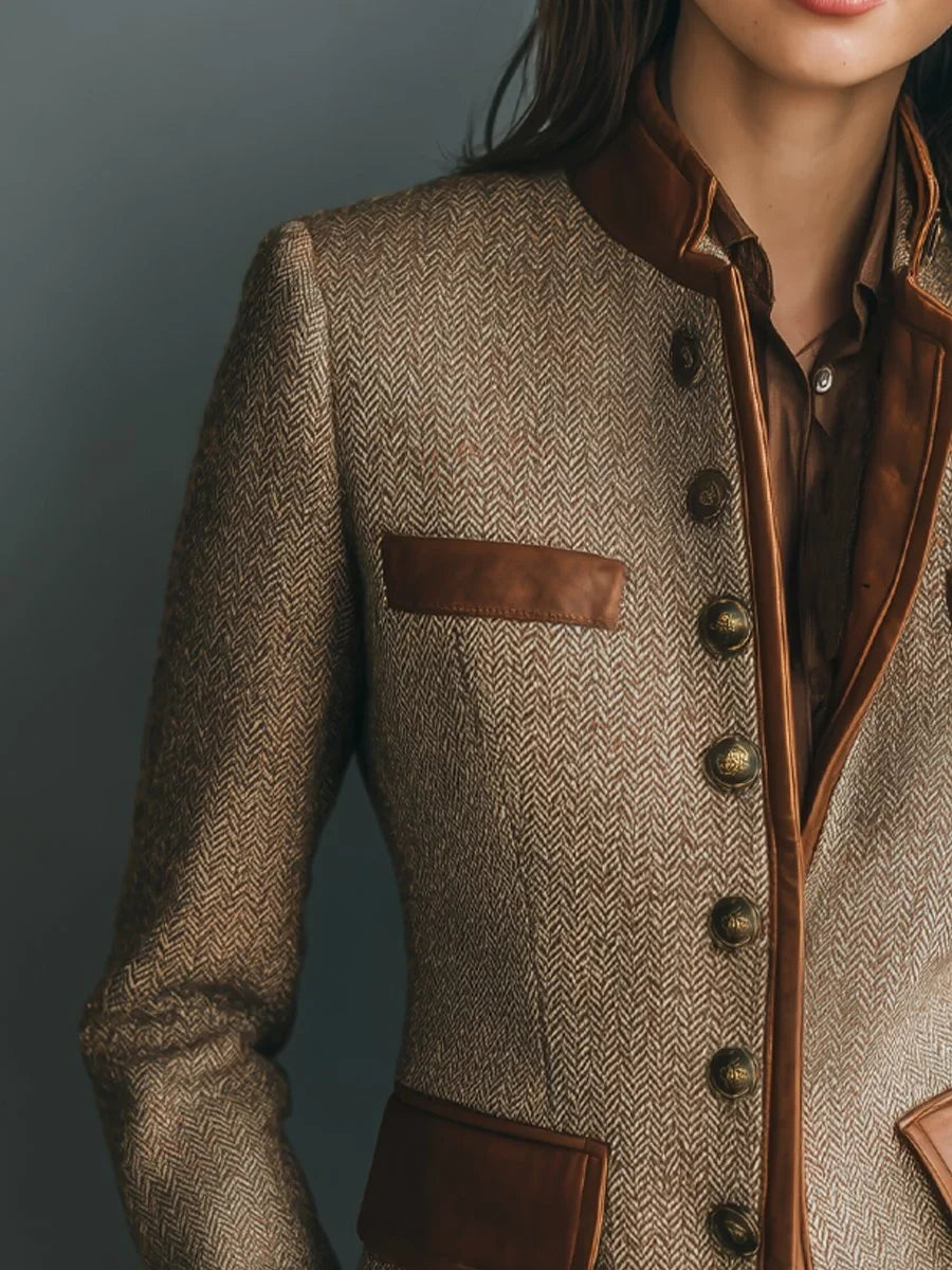 Jill | Classic Herringbone Tweed Jacket with Leather Trim