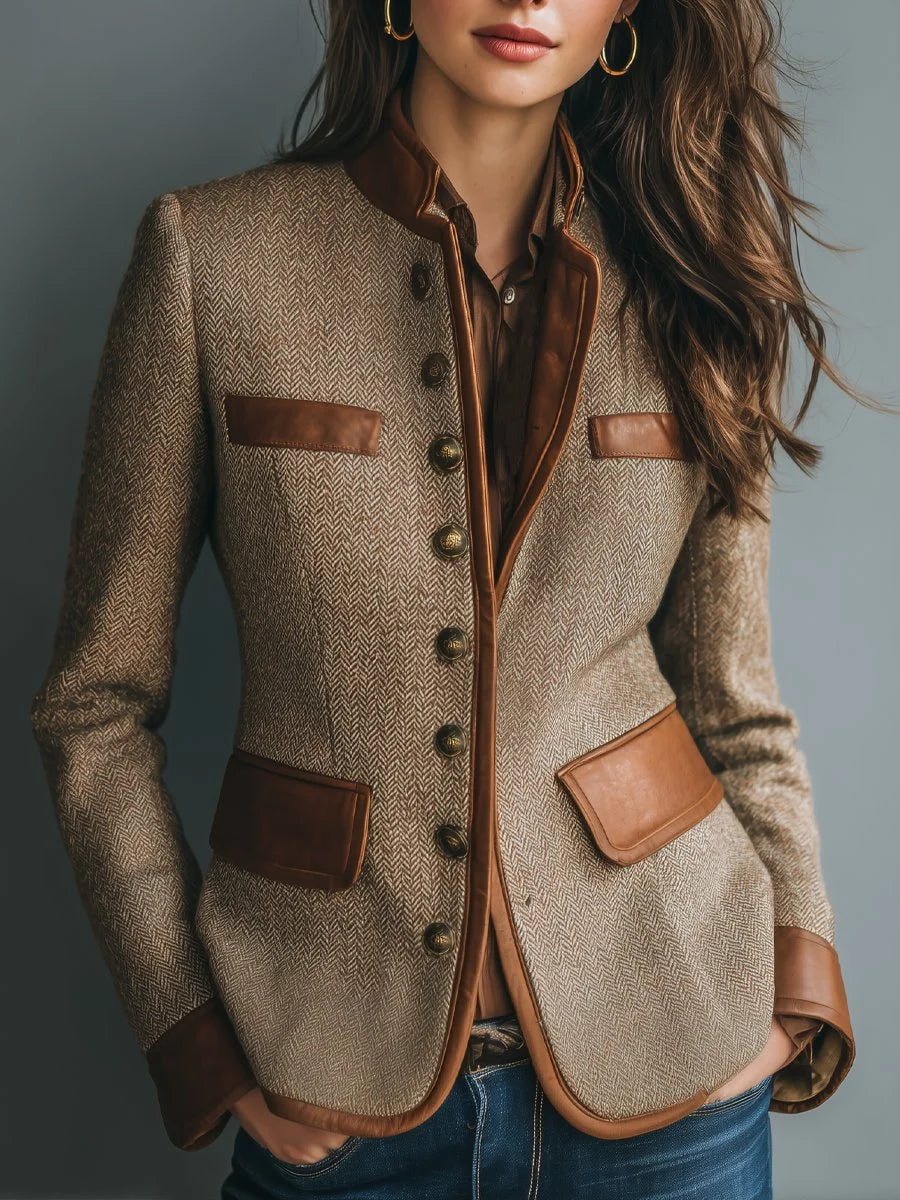 Jill | Classic Herringbone Tweed Jacket with Leather Trim